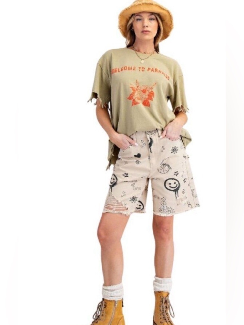 easel Beige Graphic Distressed Bermuda Shorts with Black Stamp Print